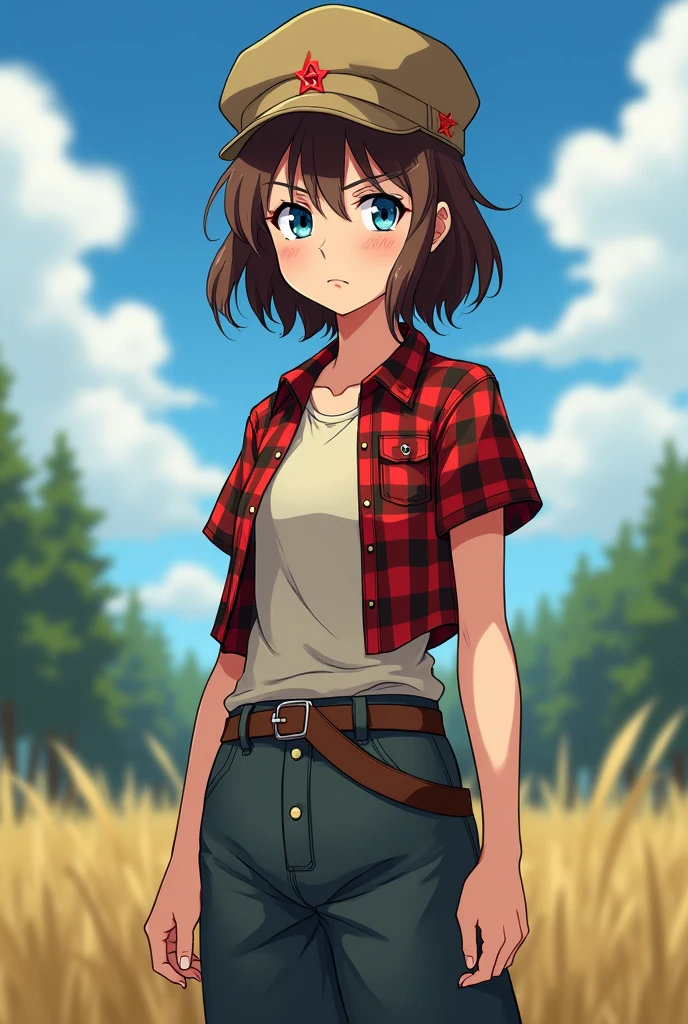 A young, slender girl, around 18 years old, with a serious and determined expression. She wears dark boots and wide pants, giving her a slightly rugged but confident look. She's long dressed in an unbuttoned checkered shirt, underneath which she has a light-colored t-shirt. Her fluffy brown hair is slightly tousled, falling on her shoulders and peeking out from under a Soviet-style ushanka hat, adding a hint of intensity to her appearance. Her bright blue eyes, though serious, still reflect a quiet strength and resolve. In the ushanka, she looks both stylish and purposeful, as if ready to face any challenges that life in the countryside might bring. Imagine her in an anime style, where her strong features and determined personality stand out even more clearly.