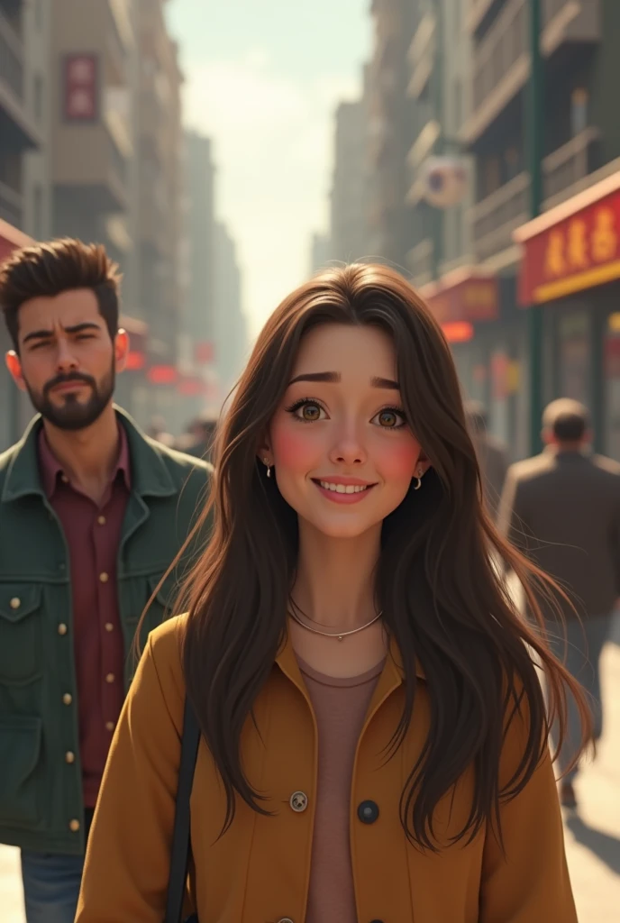 Smiling woman in front and sad man in back walking away in background , realist 4k