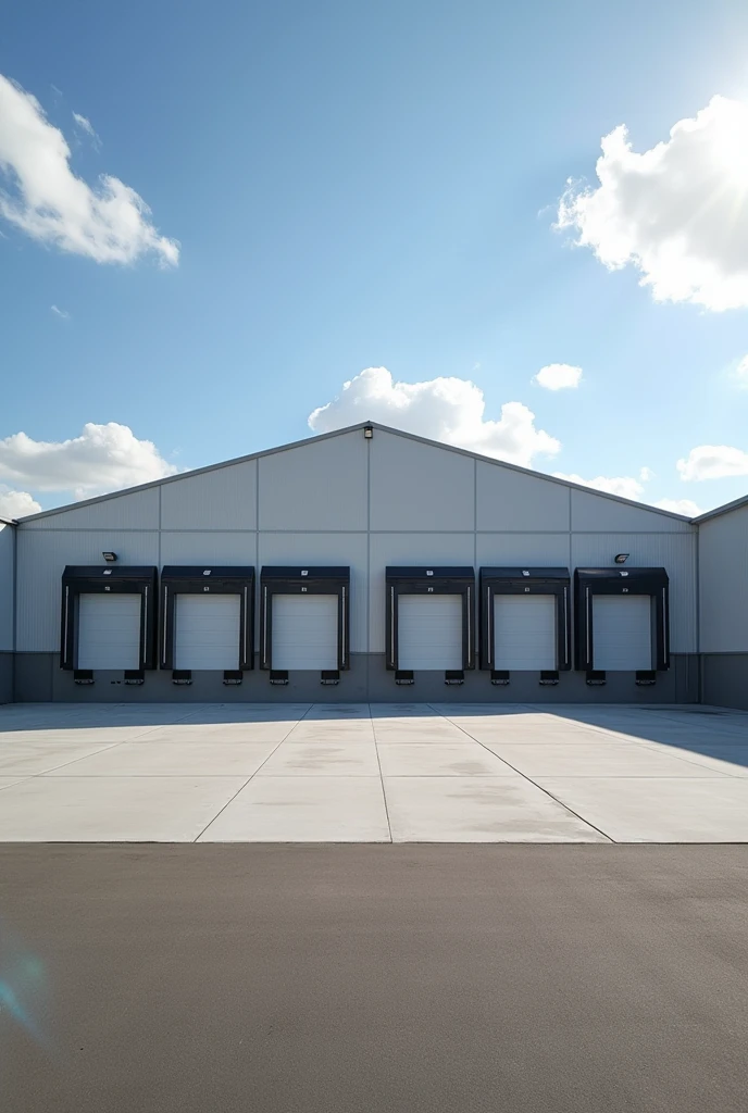 Showing the front of the warehouse, there are four loading docks in the center of the warehouse.. The roof of the warehouse is a tent-type warehouse.
