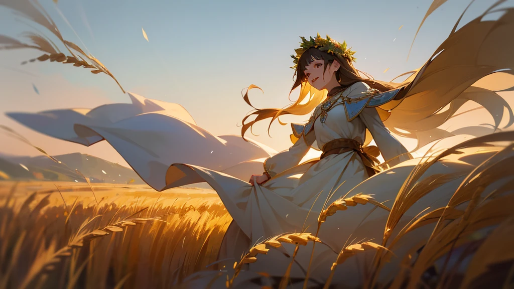 [Core Concept] A young Slavic woman laughing in a wheat field, wearing a wreath on her head and with droplets of blood on her face.

[Character Description] The woman has a youthful, radiant face with delicate features. Her eyes are bright and alive with mirth, and her full lips are curved in a warm, joyful smile. She wears a simple, flowing dress in earthy tones that accentuates her lithe, graceful figure.

[Environment/Background] The woman stands amidst a vast, golden expanse of rippling wheat, the stalks gently swaying in the breeze. The sky overhead is a brilliant, cloudless blue, casting a serene, natural atmosphere over the scene.

[Style and Atmosphere] The overall tone is one of vibrant, almost folkloric whimsy, with a hint of the mysterious and unsettling due to the presence of the blood on the woman's face. The lighting is warm and natural, lending a sense of timelessness and rural tranquility to the setting.

[Composition] The woman is positioned centrally in the frame, her body angled slightly to the side as she laughs, her arms outstretched. The wheat field fills the background, creating a sense of depth and drawing the eye towards the woman's captivating expression.

[Details and Embellishments] Atop the woman's head sits a delicate, intricately woven wreath of flowers and greenery, adding a touch of rustic elegance to her appearance. The droplets of blood on her face, though unsettling, also lend an air of mystery and intrigue to the scene.

[Technical Specifications] The image should be rendered in a high-resolution, photorealistic style, with attention to fine details and the natural textures of the wheat, the woman's skin, and the wreath. The lighting should be carefully considered to create a sense of depth and atmosphere, and the composition should be balanced and visually striking.