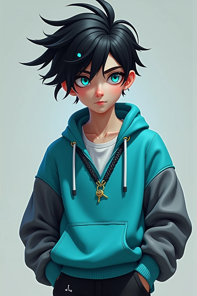 Messy black hair with cyan spots One cyan eye and the other grey His skin color is white He has a cyan sweater with braids on the neck the sleeves of the sweater are grey and the rest of the sweater is cyan He has black pants and Jordan brand shoes