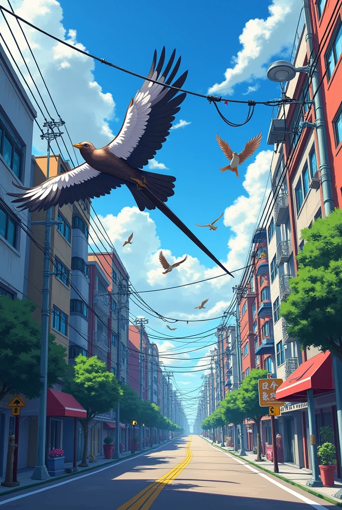 Draw a picture of a street and cities, let the road be seen, with wires on the lights and birds flying forward,as the way of passing through the street, a bird that looks big in anime style