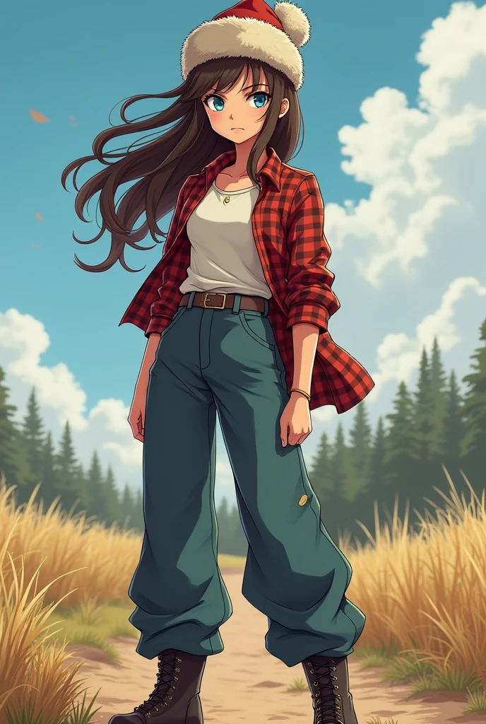 A young, slender girl, around 18 years old, with a serious and determined expression. She wears dark boots and wide pants, giving her a slightly rugged but confident look. She's long dressed in an unbuttoned checkered shirt, underneath which she has a light-colored t-shirt. Her fluffy brown hair is slightly tousled, falling on her shoulders and peeking out from under a Soviet-style ushanka hat, adding a hint of intensity to her appearance. Her bright blue eyes, though serious, still reflect a quiet strength and resolve. In the ushanka, she looks both stylish and purposeful, as if ready to face any challenges that life in the countryside might bring. Imagine her in an anime style, where her strong features and determined personality stand out even more clearly.