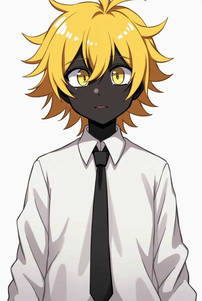 generates an anime character with black face, yellow hair, a white sweatshirt, and a black tie