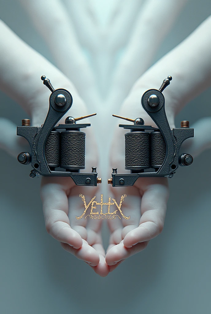 Create an image where you see a tattoo machine and an embroidery needle and thread and the image says yetty productions with embroidery thread appearing 

