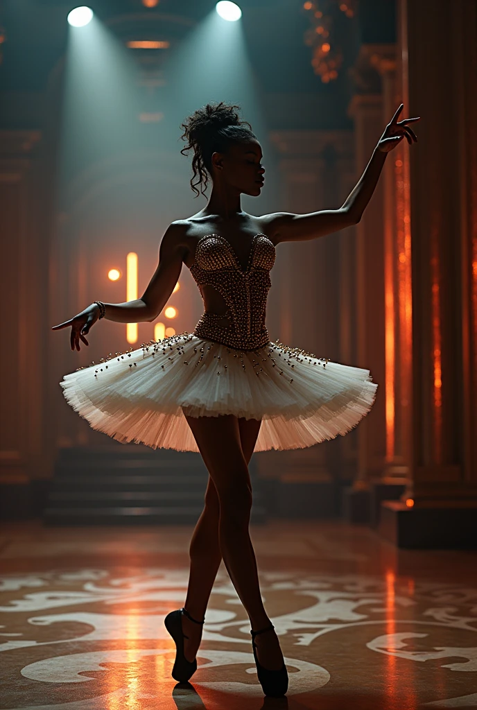 Black ballerina performing in studded ballet costume Beautiful and luxurious conceptual photo High quality 8k No defects