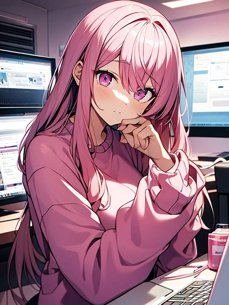 women, streamers, rooms, computers, light pink hair, light pink eyes, embarrassing faces straight pink hair with bangs, pink eyes, wearing pink sweatshirt, beautiful cute girl
