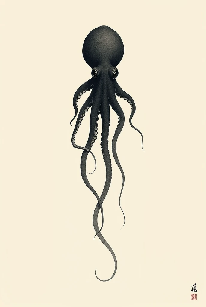 Une pieuvre dans le style gravure japonaise minimaliste du 19eme siècle, avec les tentacules vers le bas et une tête ronde.
Pour un tatouage sur l'épaule.
Trois fois plus long que large.