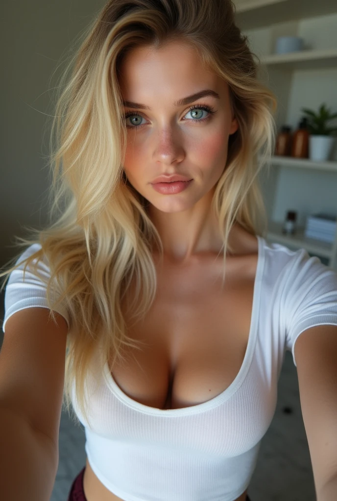 Une femme dans un T-shirt et une culotte assortis, fille sexy aux yeux bleus, Portrait Sophie Mudd, Portrait de Corinne Kopf, blonde hair and grand eyes, Selfie d'une jeune femme, Sans maquillage, maquillage naturel, Regarder directement dans la caméra, Visage avec Artgram, maquillage subtil, Excellente photographie du corps entier, dans une salle, grand , blond, Latin, seins exposés, Chemise torse nu, Seins dehors, poitrine ouverte,