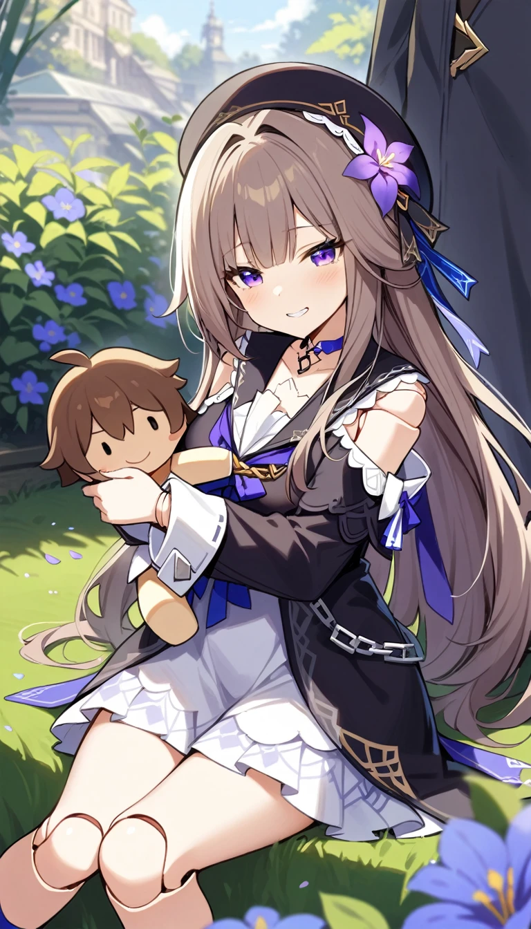 1girl, huge tit,grin,1boy, hugging each other, masterpiece, best quality, very aesthetic, absurdres,,1girl, herta \(honkai: star rail\), honkai \(series\), long hair, purple eyes, doll joints, joints, flower, hat, beret, black headwear, brown hair, dress,in garden,surrounding by flowers,falling_petals, petals,,