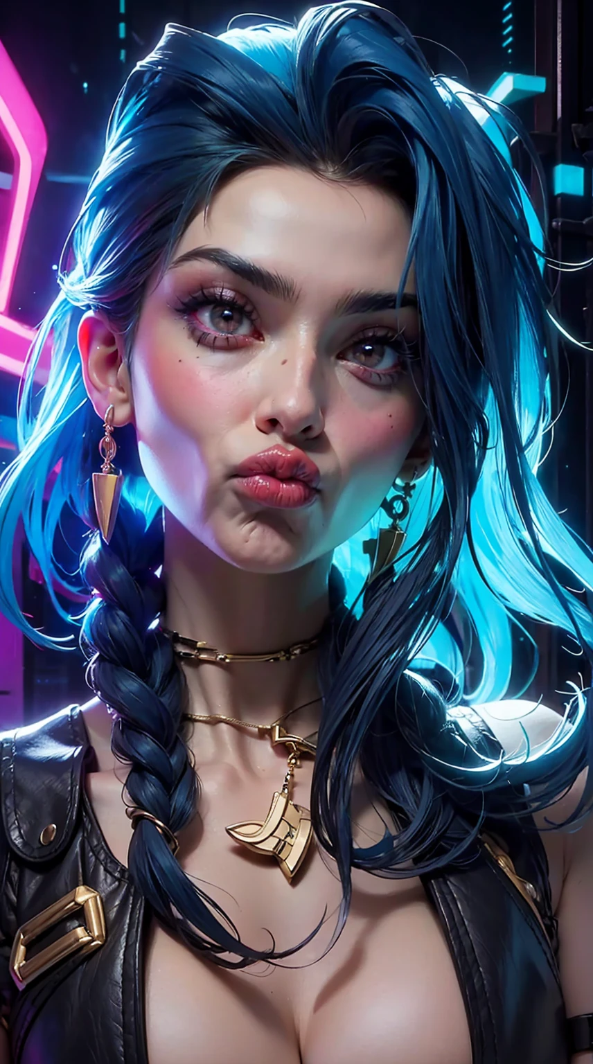 [Core Concept]
A close-up portrait of Jinx, the infamous criminal mastermind from the League of Legends universe.

[Character Description]
Jinx is depicted with her signature electric blue hair, wild and untamed, framing her mischievous face. Her eyes are filled with a gleam of unrestrained joy and a hint of madness, reflecting her chaotic and unpredictable nature.

[Environment/Background]
The background is blurred and indistinct, allowing the focus to remain solely on Jinx's captivating features.

[Style and Atmosphere]
The image has a gritty, neon-infused aesthetic, capturing the edgy and high-intensity vibe associated with Jinx's character.

[Composition]
The composition is tightly framed, drawing the viewer's attention directly to Jinx's expressive face and emphasizing the intensity of her gaze.

[Details and Embellishments]
Jinx's makeup is bold and striking, with sharp lines accentuating her features and a vibrant, almost fluorescent color palette that adds to the overall sense of energy and chaos.

[Technical Specifications]
The image is rendered with a high level of detail, showcasing the intricate textures and vibrant hues that bring Jinx's iconic appearance to life. Nude