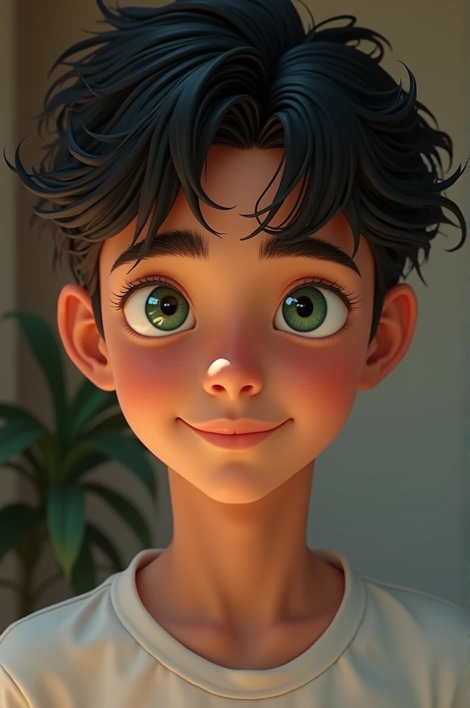 Create a cute 14 year old boy, blackquality hair, greeneyes, brown skin. a handsome boy, instagram photo