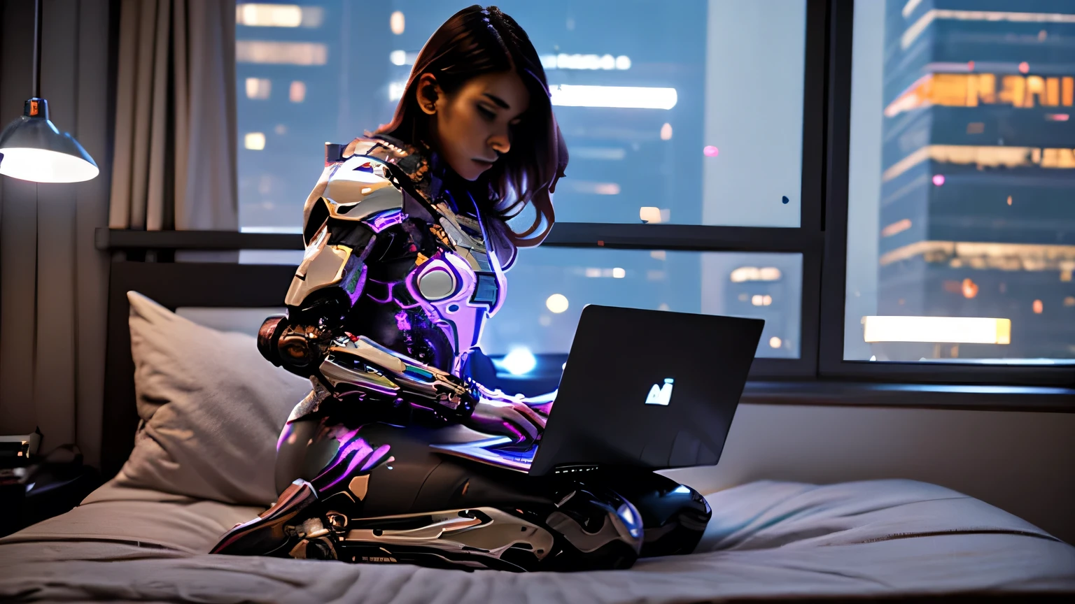 a medium close up photography a young beautiful woman cyber mech suit with neon accent glow in metal armor cyber mech, sitting in her bed, laptop on her lap, big apartment window shows a bokeh night city building lights as background, upper level apartment room, high ground level apartment, inside her dark bedroom, top of her bed, side angle photography, she has laptop on her lap, she was focus on her laptop, warm and cold ambient room lights, windows on her background shows a cityscape
