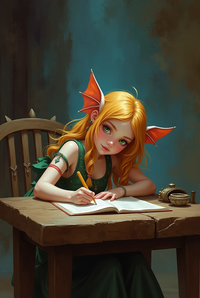 a female small fey lays on a table, in a dungeons and dragons fantasy art style