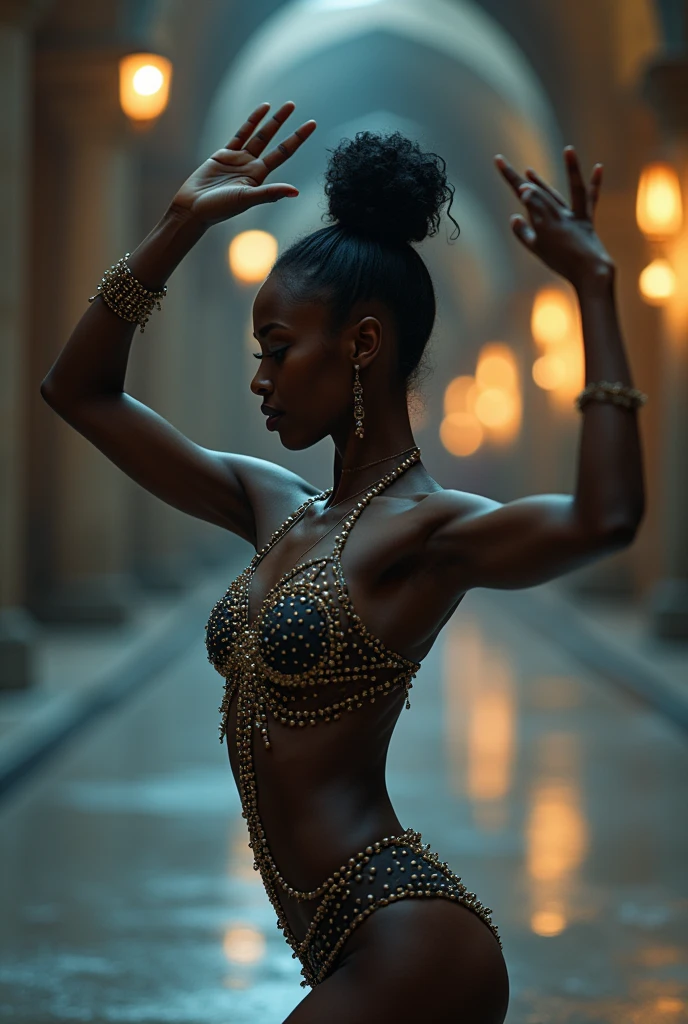 Black dancer performing in studded ballet costume Beautiful and luxurious conceptual photo High quality 8k No defects