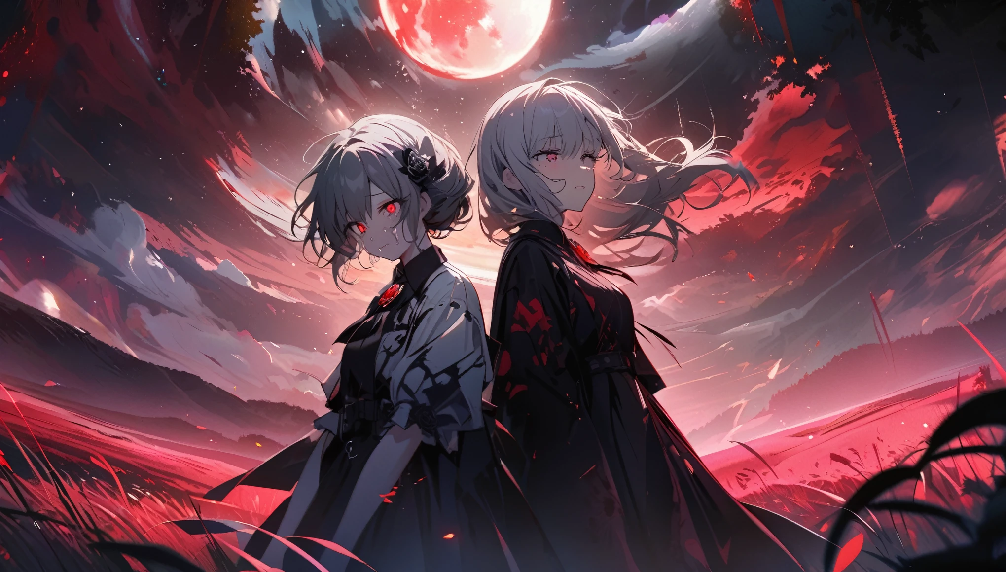 Grassland with a sky full of stars, moonlit night, darkness, a girl and her shadow silhouette back to back, the shadow is the demon in the girl's mind, tense lens, the main body of the photo is the grassland background, bright and fresh photo, beautiful abstract grassland and teenage girl character in it. Grey hair color, red glowing eyes,crying face, long hairstyle, mole under the left eye, black rose brooch, surreal background, enchanting style, crying face