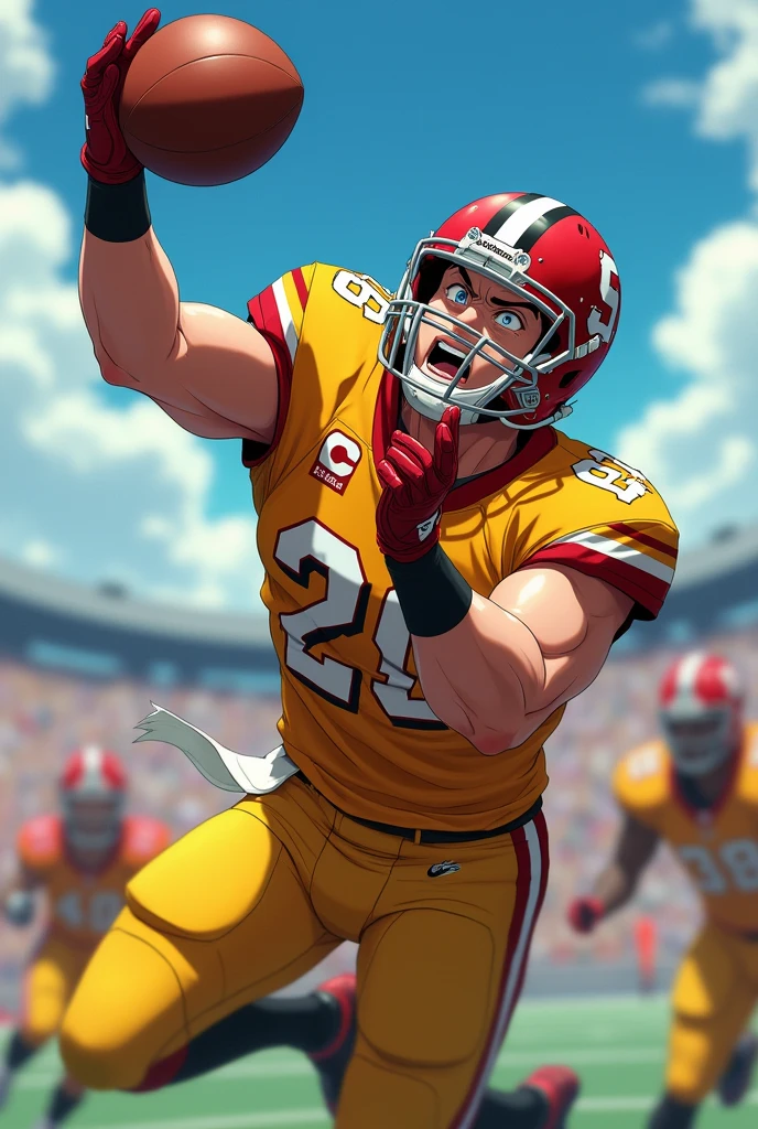 anime american football player catching a football with yellow and red jersey 