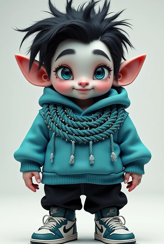 Messy black hair with cyan spots One eye is cyan and the other is gray His skin color is white He has a sweater with braids on the neck in cyan The sleeves of the sweater are gray and the rest of the sweater is cyan He has black pants And Jordan brand shoes Dwarf