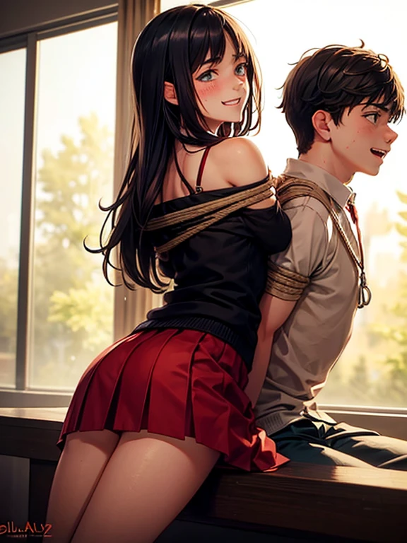 (1 boy, 1 girl), a age school girl in mixed bondage wrestling with a teenboy, they are roughly the same age, the school girl is wearing a red pleaded careered skirt and a black pullover, the girl has a is a bit smaller than the boy, the girl has shoulder long hair, the boy is wearing casual clothes, teenage hogtied and struggling against the ropes, school girl applying more ropes to the teenage boysy, blushing boy dominated and controlled by the girl, the girl is smiling and laughing and tries to humiliate the teenage boy, thenage boy is blushand ashamed and is gritting his teeth, he desperately tries to break free but to no avail, the boy struggles and squirms against the ropes, the girl is sitting on top of the teenage boy to prevent hrom moving and has ropes in her hands and uses them to tie up the arms of the teenage boy behind his back,arms of the teenage boy are completely tied nd his back in lots of ropes, the teenage boy looks very embarrased anhamed, the girl is saying „this must be embarrassing for you“ , huge struggle, many viewers watching, wrestling ring,intricate rope work, teenage boy blushing and ashamed, dramatighting, highly detailed, photorealistic, 8k, masterpiece, teenage school girl vs teenage school boy, fm, power, control, beaul teenage girl, detailed faces, teenage boy aggresiveled up by teenage girl, lots ofe, perfect eyes, detailed faces, sq and struggle marks arround the boy