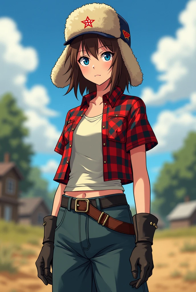 A young, slender girl, around 18 years old, with a serious and determined expression. She wears dark boots and wide pants, giving her a slightly rugged but confident look. She's long dressed in an unbuttoned checkered shirt, underneath which she has a light-colored t-shirt. Her fluffy brown hair is slightly tousled, falling on her shoulders and peeking out from under a Soviet-style ushanka hat, adding a hint of intensity to her appearance. Her bright blue eyes, though serious, still reflect a quiet strength and resolve. In the ushanka, she looks both stylish and purposeful, as if ready to face any challenges that life in the countryside might bring. Imagine her in an anime style, where her strong features and determined personality stand out even more clearly.