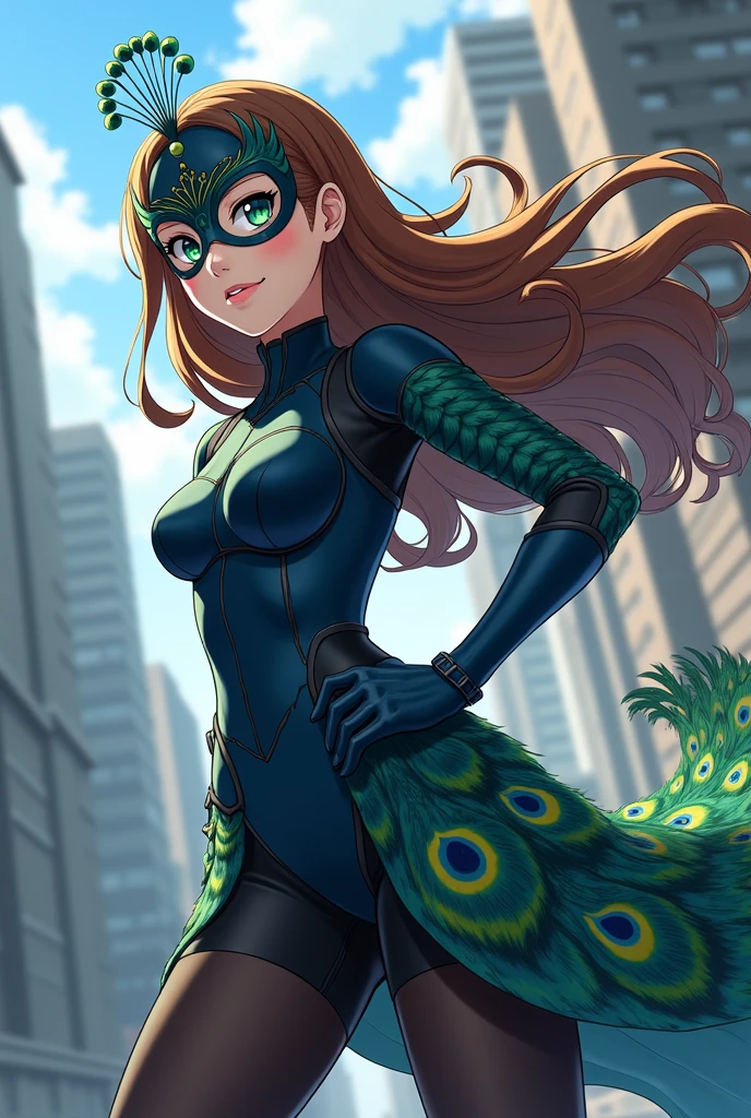 In anime style. A teenage girl, holder of a peacock miraculous. She has brown hair and green eyes. Her superhero costume is sexy and practical. She has Black stockings and dark blue "armor" protecting her torso. She has a peacock like tail and flowy sleeves. She has a face mask to protect her identity, designed to be peacock like.