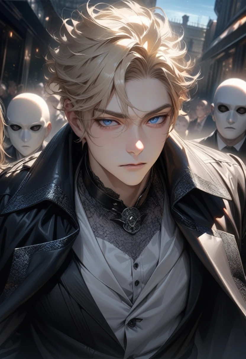 masterpiece, best quality, Super detailed, High Definition, HdR, realistic, depth, fine texture, super fine, Complete concentration, Pale man with blond hair and a muller cut, looking over his shoulder, posing on the back, wearing a black jacket, formal black bag, Beautiful man, Young man, blue eyes, male face, attractive young man, serious expression, poker face Single color white background, away from the camera, that there is space around, short platinum blonde hair, wearing a formal coat with a black puff collar, Refined plush collar, well combed hair, ultra pale skin, Detailed face, unique man in the picture. Cute and young male face, but detailed, sky blue eyes.