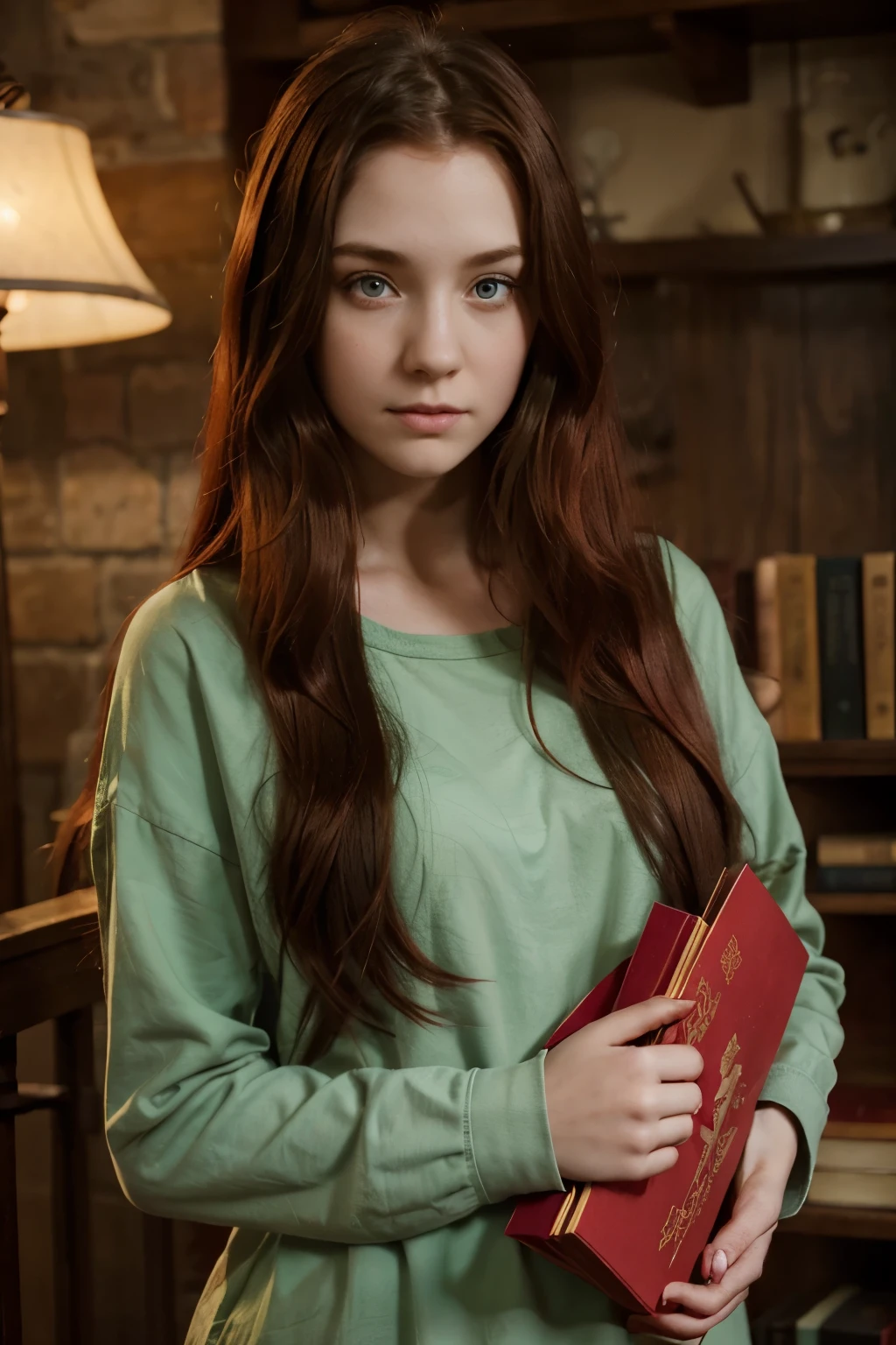 disney image creator girl with long and straigh red dyed hair green eyes and the girl is holding a book whose name is ‘haunting adeline’