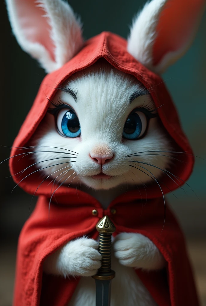 A close up of a bunny with one blue eye and one slotted eye, dressed in a red robe, holding a dagger