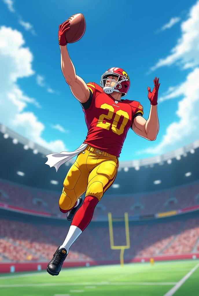anime american football player catching a football with yellow and red jersey 