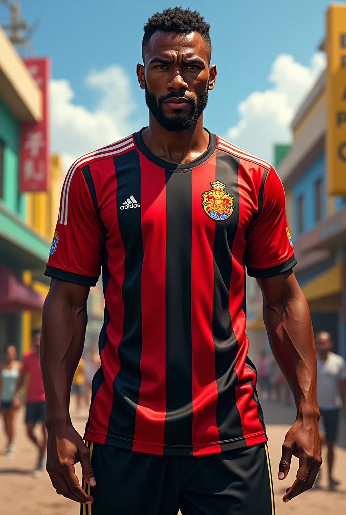 34 year old black man wearing Flamengo Brazil shirt  