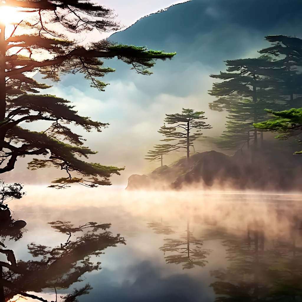 Otherworldly morning, Mysterious, calm feeling, good morning, ancient Japan, appearing from the darkness, I wish for world peace.((best quality, 8K, masterpiece: 1.3))