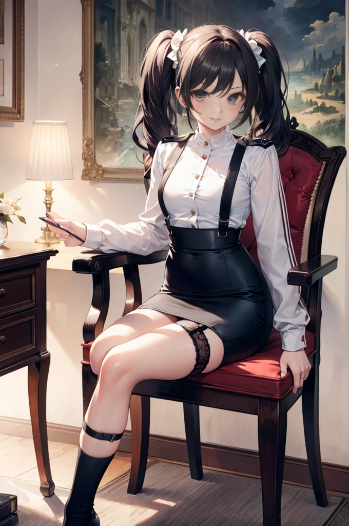 (masterpiece), 4K,woman,long sleeve military uniform,Small breasts,Small Ass,Twin tails,Light bulb lighting,Realistic, skinny, lace garter belt,Smile,Sit in a luxurious chair,((Knee-length pencil skirt)),,Choosing underwear