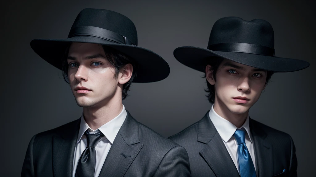 create images of two adult men dressed in a black suit and tie with a black hat with red eyes with a blue brain in their hands that the background of this image has falling dollars