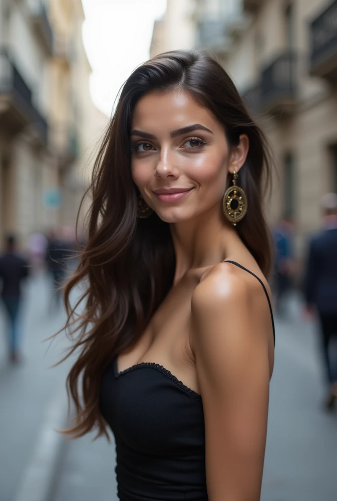 A beautiful brunette in a city posing