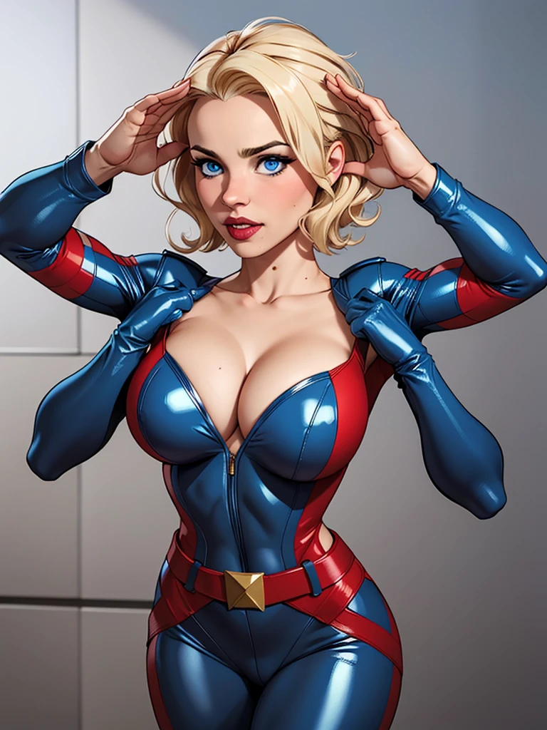 Blonde girl with short hair, blue eyes wearing a blue hero costume, cleavage showing her breasts, blue latex costume with red details, with a red Saluting like a soldier 
