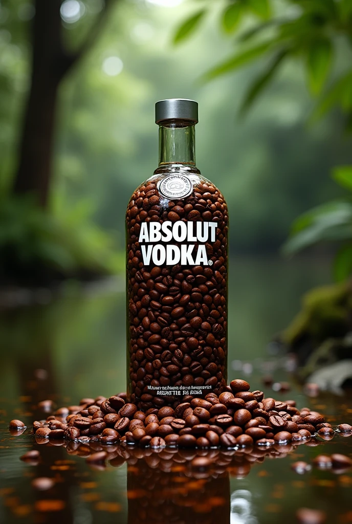 Create an image showing the bottle of Absolut Vodka made from coffee beans in the middle of the Amazon with a title at the bottom that says Absolut Colombia