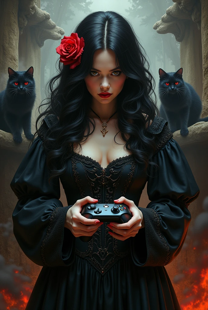 woman with wavy black hair, a Red Rose in heir, black medieval dress, with an XBox joystick in her hands playing in hell with Black cats