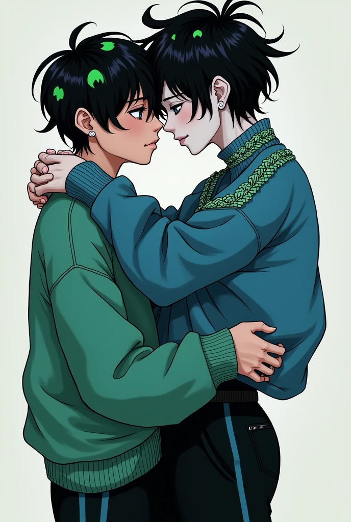 Messy black hair with cyan spots One eye is cyan and the other is grey Her skin color is white She has a sweater with braids on the neck in cyan The sleeves of the sweater are grey and the rest of the sweater is cyan She has black pants And Jordan brand shoes She is hugging a boy with a green sweater and black hair with green spots