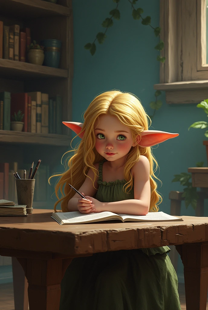 a female adult small Sprite rests on a table, in a dungeons and dragons fantasy art style