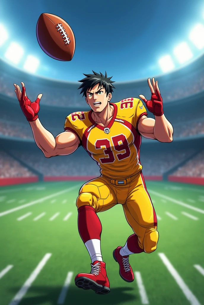 anime american football player catching a football with yellow and red jersey