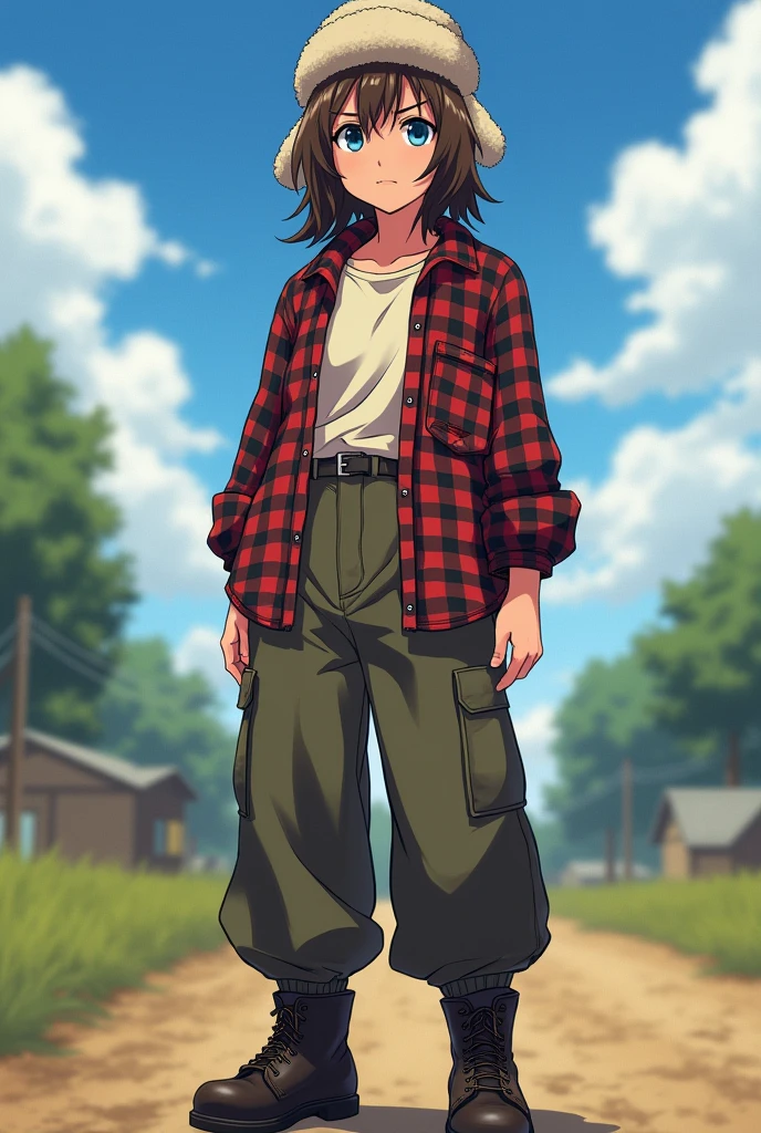 A young, slender girl, around 18 years old, with a serious and determined expression. She wears dark boots and wide pants, giving her a slightly rugged but confident look. She's long dressed in an unbuttoned checkered shirt, underneath which she has a light-colored t-shirt. Her fluffy brown hair is slightly tousled, falling on her shoulders and peeking out from under a Soviet-style ushanka hat, adding a hint of intensity to her appearance. Her bright blue eyes, though serious, still reflect a quiet strength and resolve. In the ushanka, she looks both stylish and purposeful, as if ready to face any challenges that life in the countryside might bring. Imagine her in an anime style, where her strong features and determined personality stand out even more clearly.