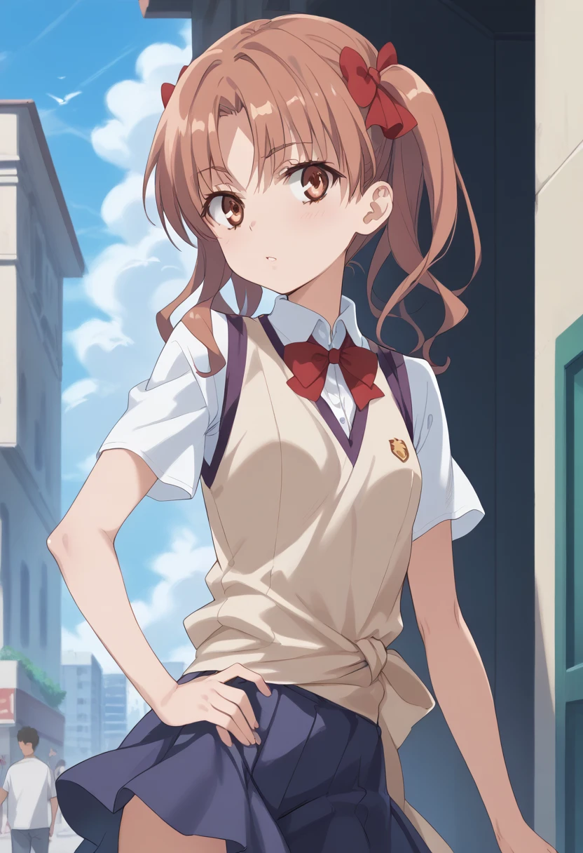 ((masterpiece,High resolution,Highest quality,8k)) Kuroko Shirai, BREAK, female, light brown hair in twin tails, amber eyes, BREAK, Small breasts, slender, bare collarbone BREAK: (white sleeveless summer dress), (bare arms), (bare shoulders), BREAK: posing haughtily, condescending look