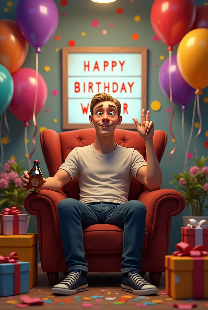 Realistic image of a birthday party. There are balloons of various colors floating and taped to the walls, as well as streamers and confetti scattered on the floor. A lighted sign with the letters "HAPPY BIRTHDAY WALTER" hangs on the wall. In the center of the room is an armchair with an adult Caucasian man with short dark blond hair, a very broad forehead and a hairless oval face with a large nose, holding a bottle in one hand and making a peace sign with the other. The man is dressed casually and is surrounded by gift boxes.