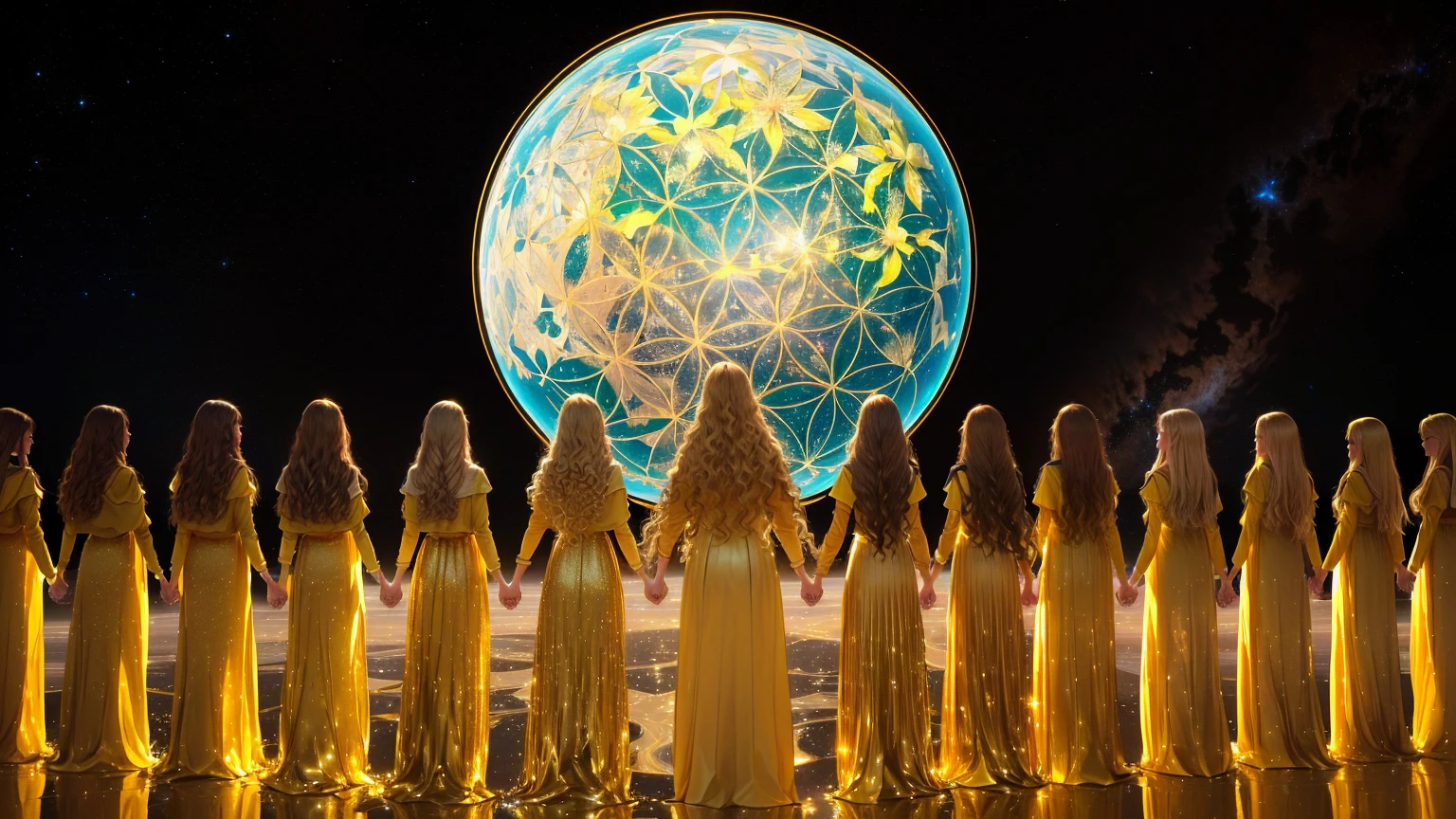 A lot of men, women with long hair blondes, brunettes, brown-haired, the fair-haired stand in a tight, even, round ring holding hands around the planet Earth to the very horizon of the earth on a sparkling golden mirror surface, all of them dressed in flowing long iridescent and sparkling golden clothes and fill the entire space around them in front and behind them with golden light from their hearts. Planet Earth is enveloped in a golden glowing hologram of the Flower of Life.  It&#39;s pouring down on people from above, a golden bright wide beam shines. In the background it is clean, bright starry sky. hyperrealistic, 4K, professional photo, a high resolution, high detail, 30mm lens, 1/250s, f/2.8, ISO 100, soft lighting, highest detail 500k