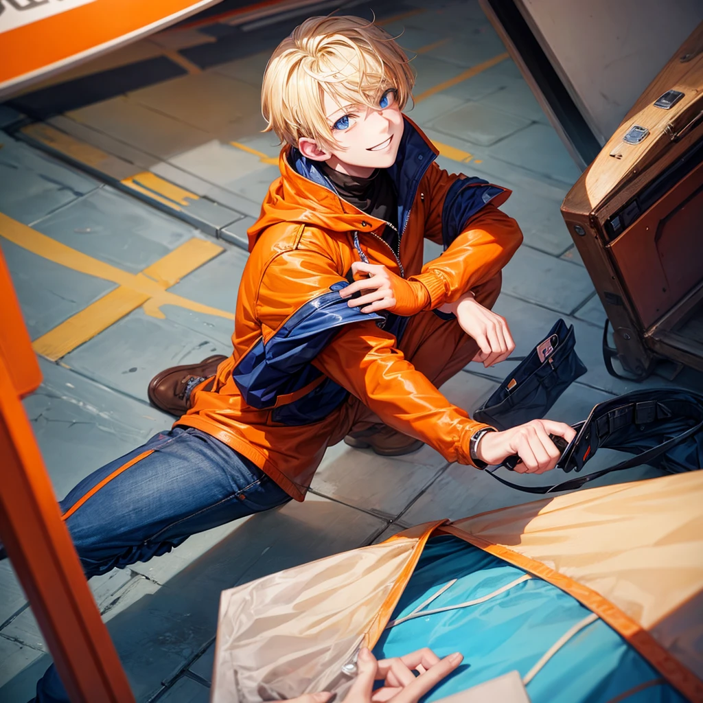 Blond boy with blue eyes in orange jacket. Smiling playing on the cell phone. conceptual artwork