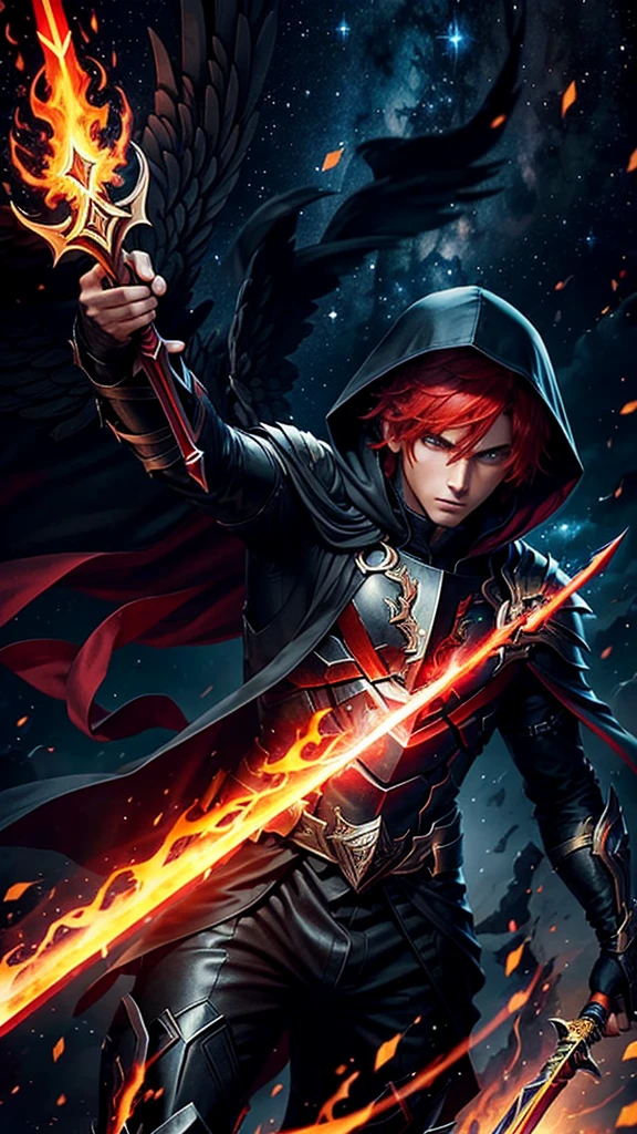 Male Archangel descending from the starry sky, with a flaming sword in his hand, black clothes red hair, in Cartoon, face covered with a mysterious hood and a menacing aura