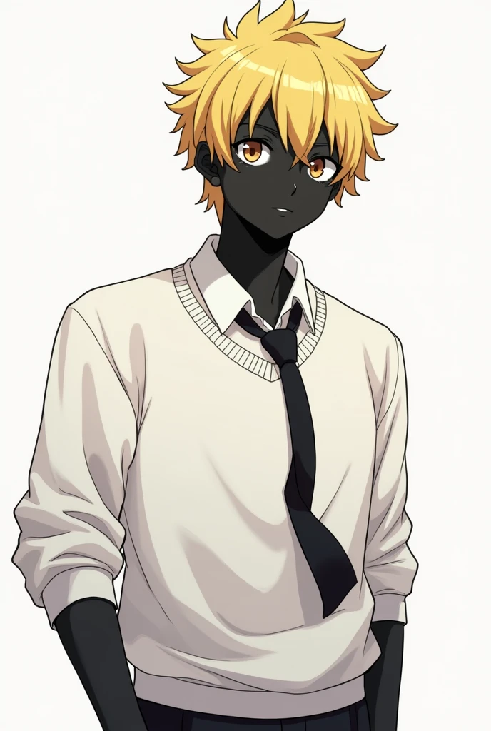 an anime character with yellow hair up black face a white sweatshirt and a black tie man
