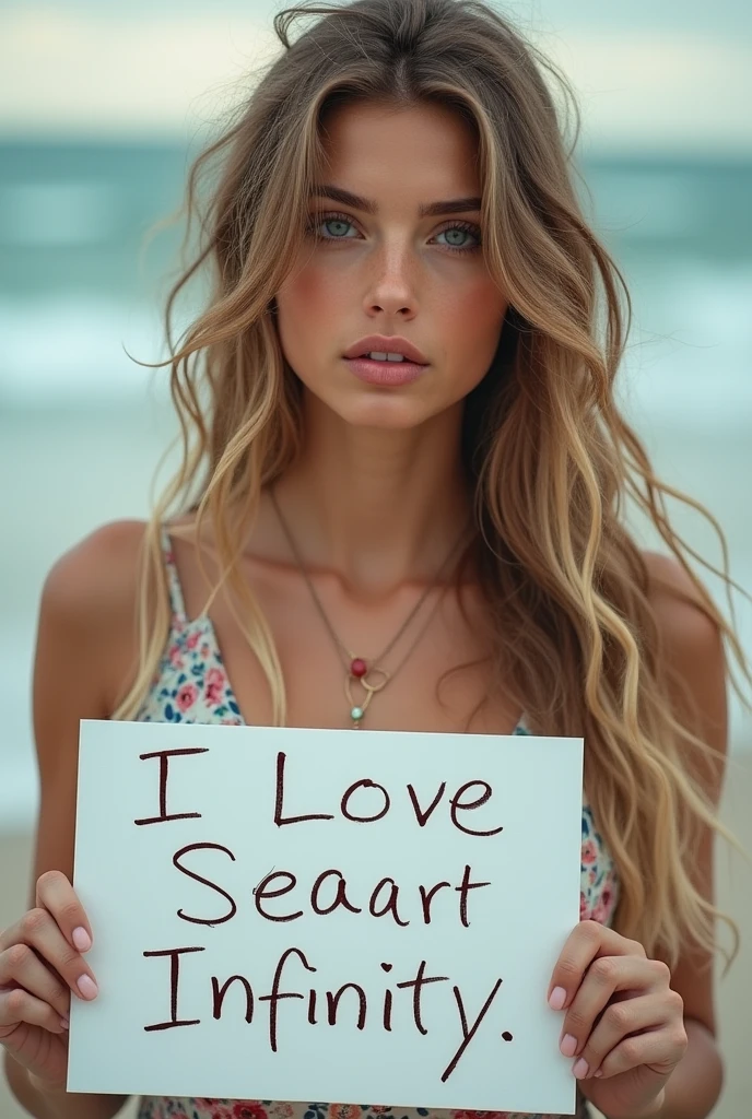 Beautiful girl with wavy long hair, bohemian dress, holding a white board with text "I Love Seaart Infinity" and showing it to the viewer