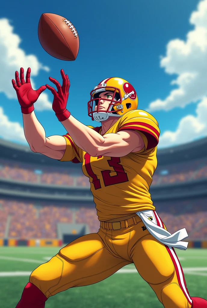 anime american football player catching a football with yellow and red jersey