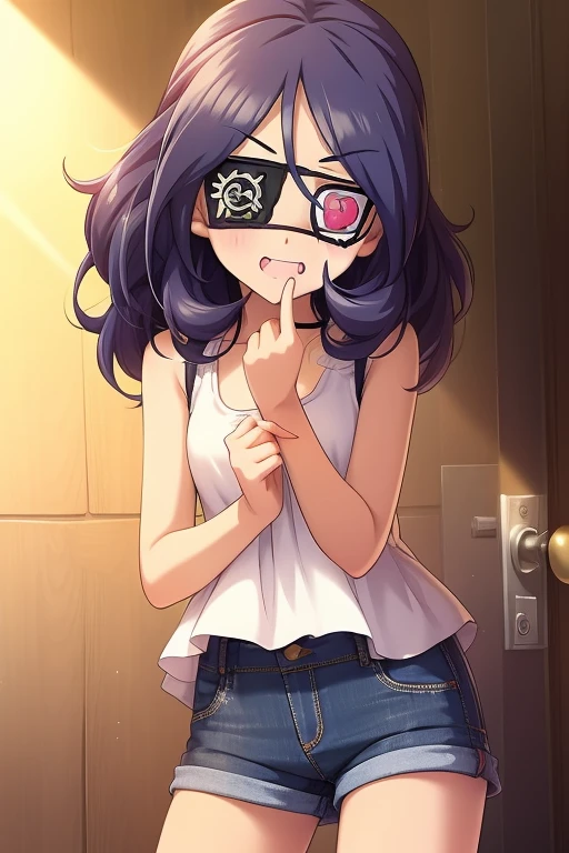 Hayasaka Mirei,purple hair,multicolored hair,fang,brown eyes,short hair,eyepatch,Tank top,Denim shorts,shorts rolled,belr